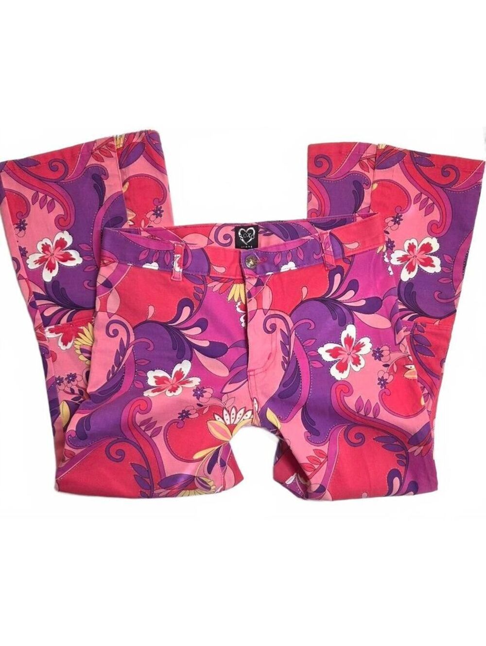 XOXO Jeans Vintage Y2K Floral Pink Purple Retro Low Rise Flare Pants Size 5/6